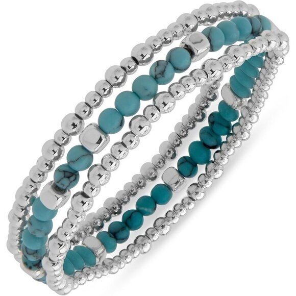 Jewelry - Women's Silver Tone Turquoise Set Of 3 Metal Slide Clasp Stretch Bracelet